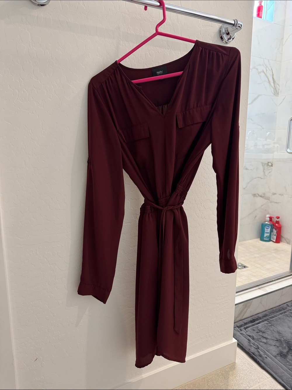 Kohl's Women's Long Sleeve V-Neck Tie-Waist Dress in Burgundy